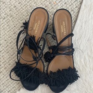Aquazzura Black Strappy Sandals with Fringe